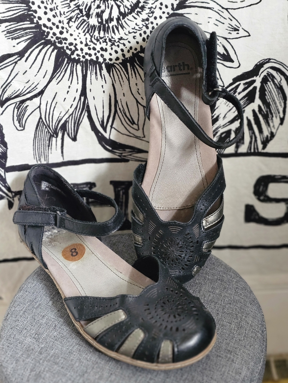 EARTH Camellia Cahoon Leather Sandals Shoes 8 W Wide black